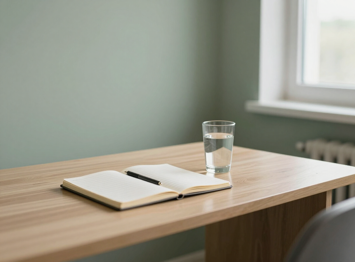 Quiet consultation desk with a notebook and glass of water