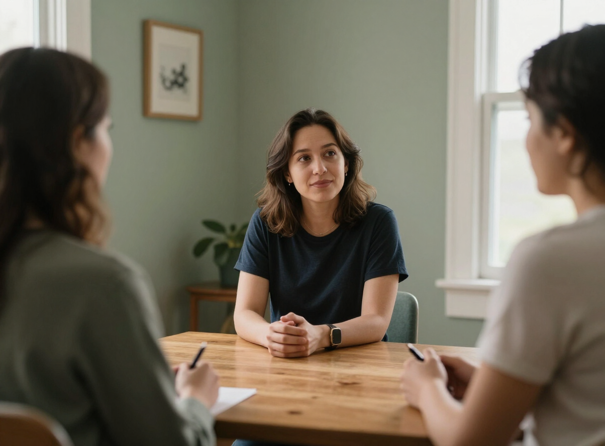 Two people in a supportive conversation in a calm sunlit room