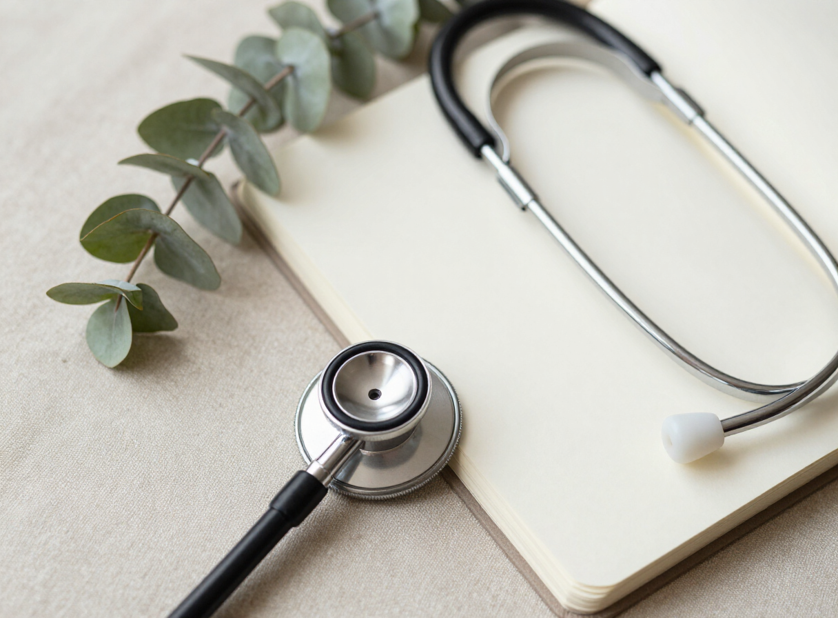 Stethoscope and notebook on a linen surface