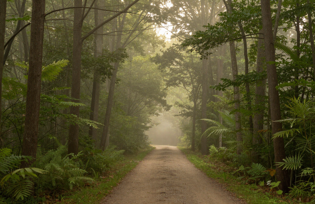 Misty woodland trail in southern Indiana