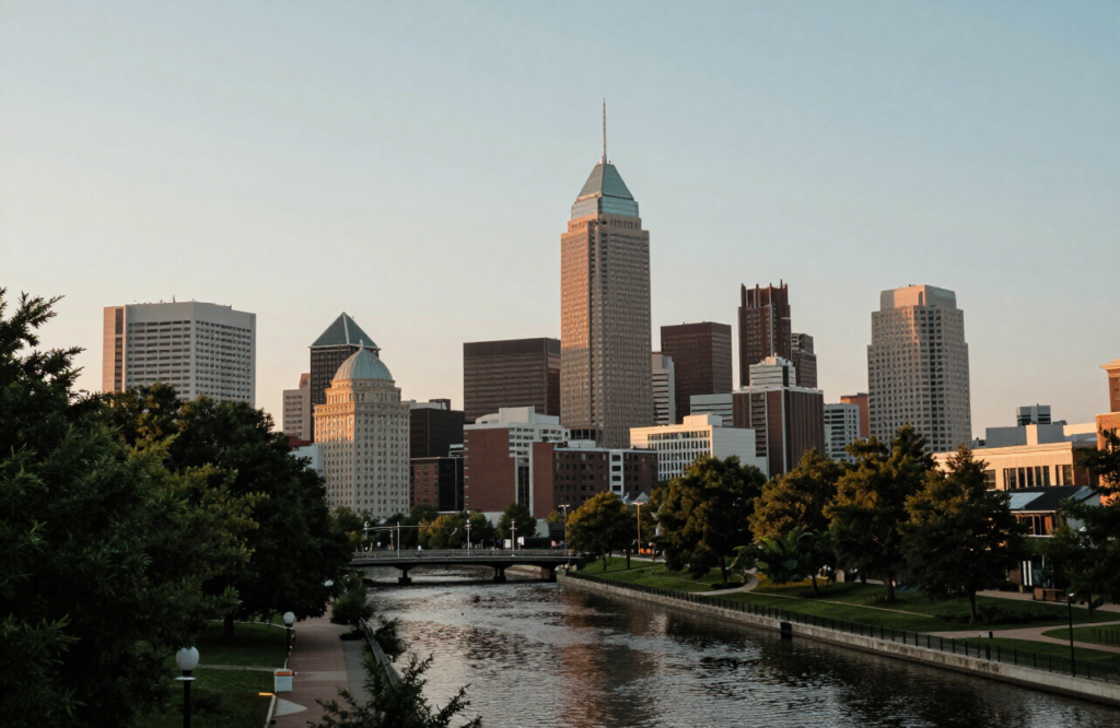 Indianapolis skyline at golden hour with trees in the foreground