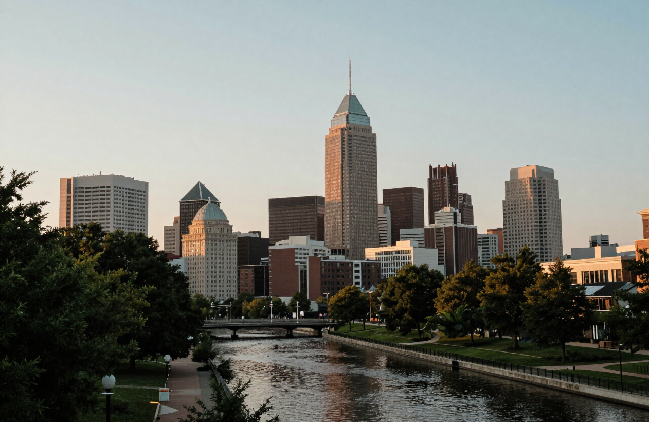 Indianapolis skyline at golden hour with trees in the foreground