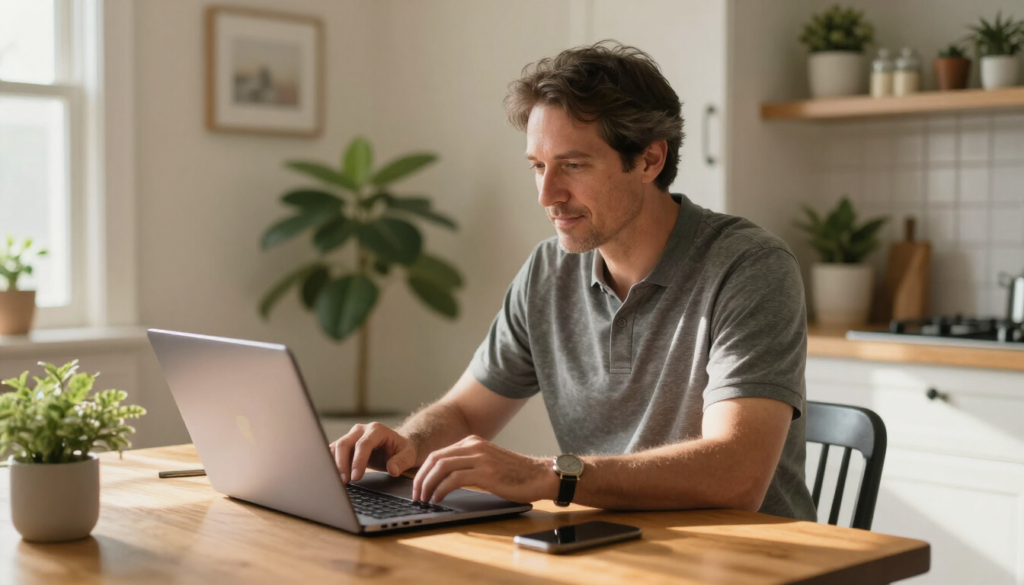 Man sitting at computer doing virtual visit.