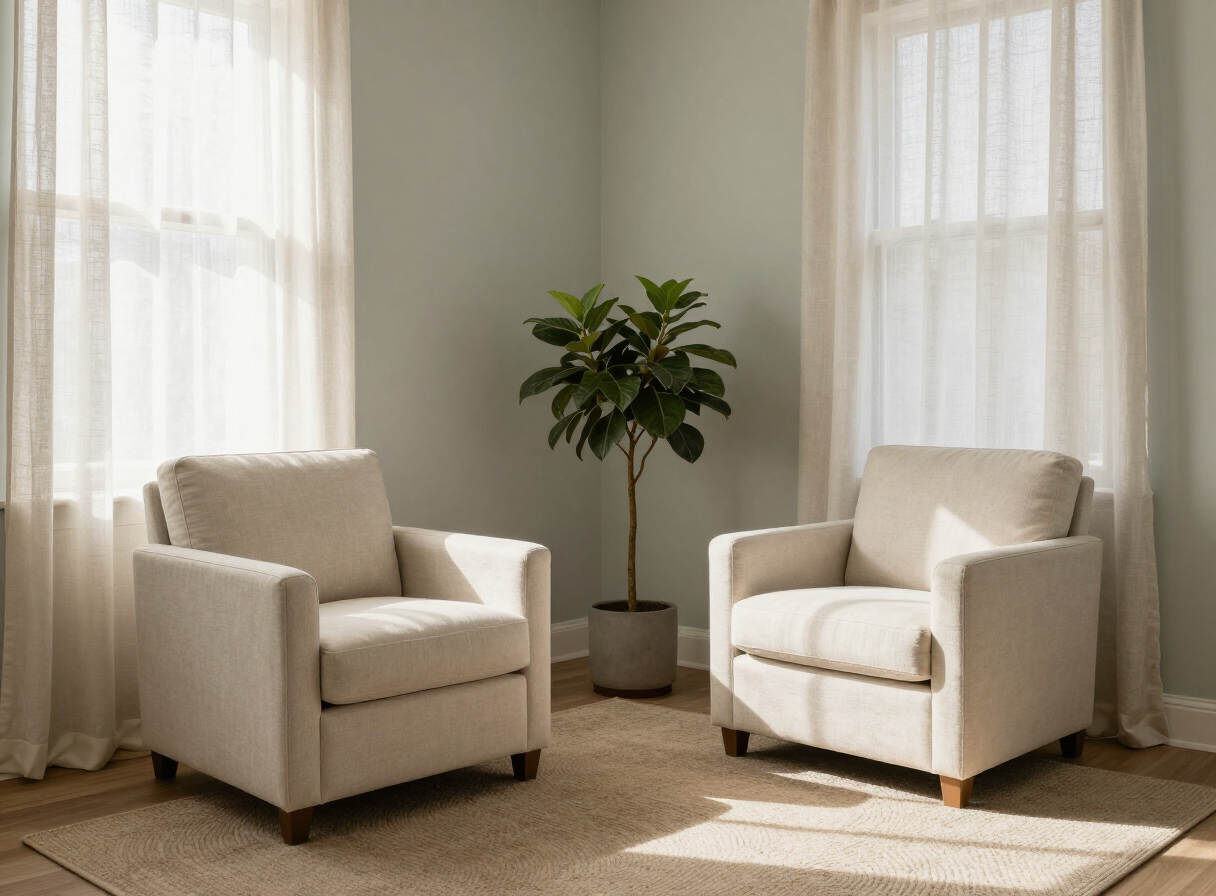 Calm therapy office with two armchairs and soft daylight