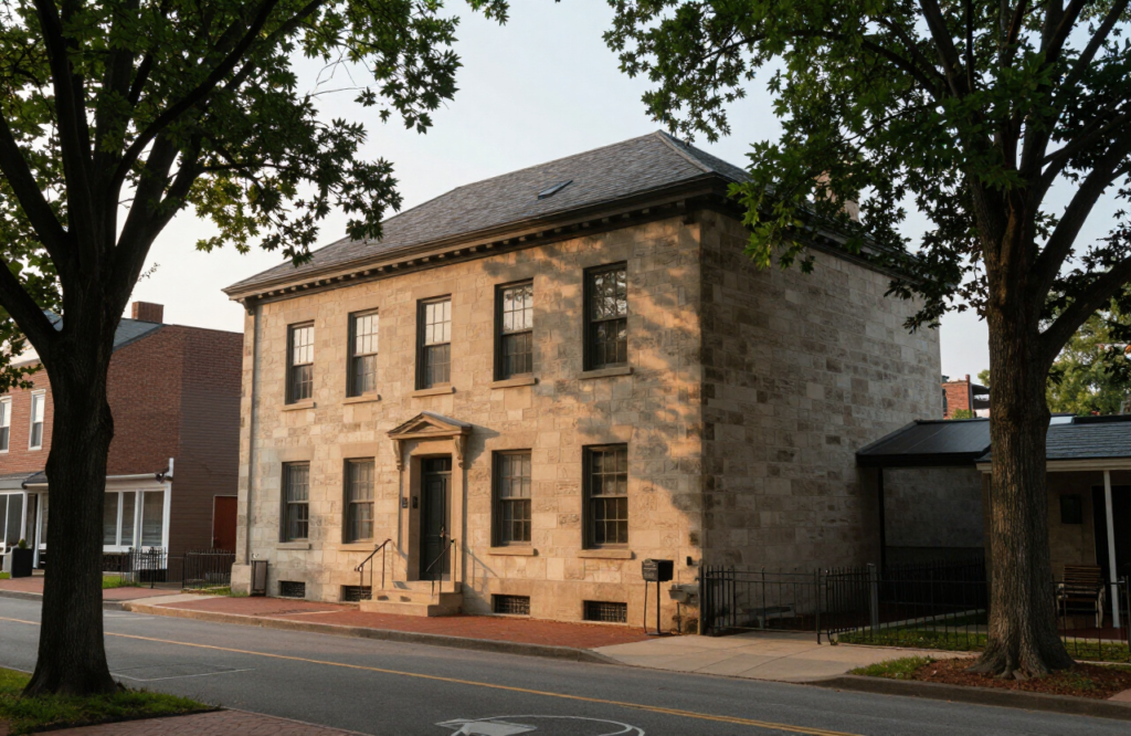 Limestone buildings on a tree-lined street in downtown Bloomington, Indiana